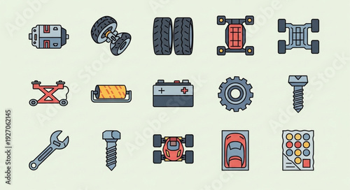 Collection of automotive parts and tools for vehicle maintenance and repair.