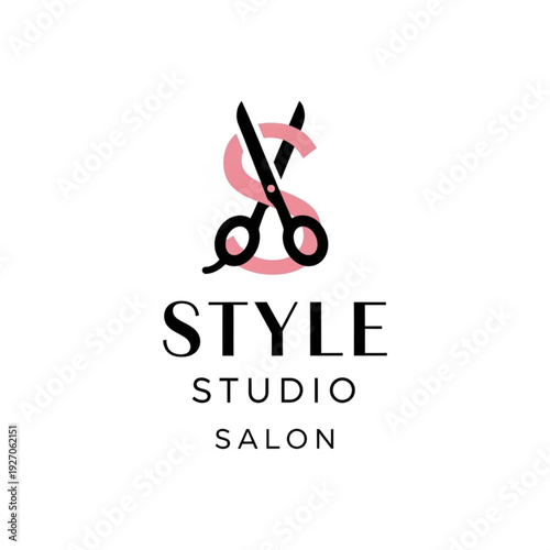 Elegant logo design for a hair salon or style studio featuring scissors overlaying a stylized pink letter S on a white background.