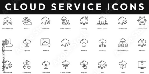 Cloud Service icon collection contains online, platform, data transfer, security, application, upload, download, sync, backup, hosting, storage, SaaS. Editable stroke vector illustration icon set