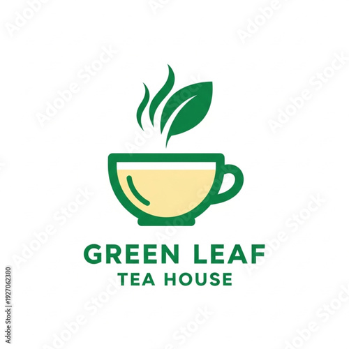 Green Leaf Tea House logo design with steaming cup and fresh leaf icon, perfect for beverage branding.