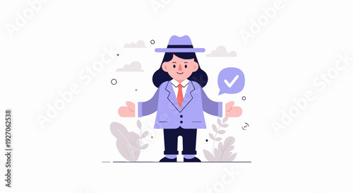 A person in a hat and suit presents with a checkmark, indicating approval or success