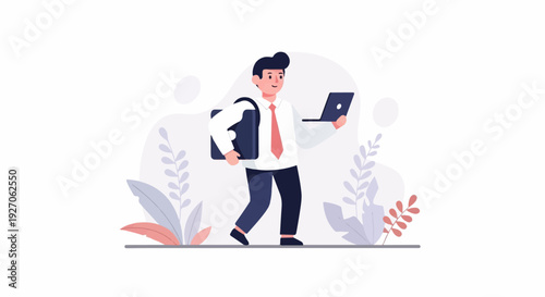 A man in a suit carries a briefcase and laptop, walking among plants