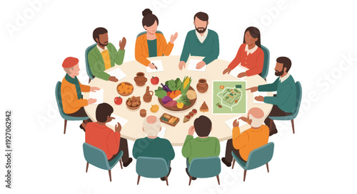 Diverse Community Planning Meeting Illustration. Group Discussion around Local Food, Sustainable Development, and Urban Garden Map.