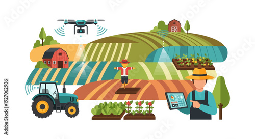 Smart Farming and Precision Agriculture Illustration. Farmer controls modern technologies (Drone, IoT, Tractor) for efficient crop management and yield optimization.