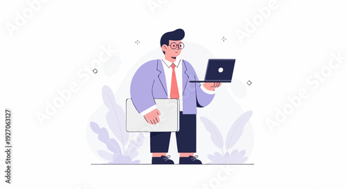 A man in a suit with glasses holds a laptop and a briefcase