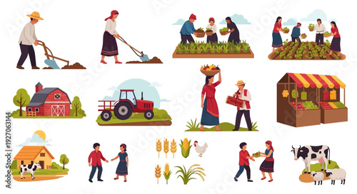 Farming and Agriculture Vector Set: Farmers Working, Tractor, Barn, Livestock, Crops, Harvest, and Local Market Flat Icons Collection.