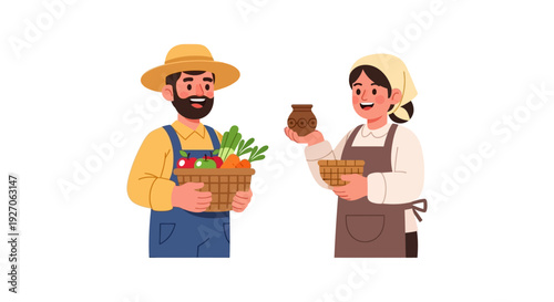 Farm Couple Holding Harvest Basket and Pottery. Happy Farmers, Fresh Organic Produce, Local Market Trade. Flat Vector Illustration.