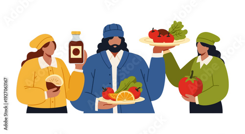 Diverse Food Enthusiasts Holding Fresh Produce, Ingredients, and Beverages. Modern Flat Illustration of Culinary Diversity and Healthy Eating.