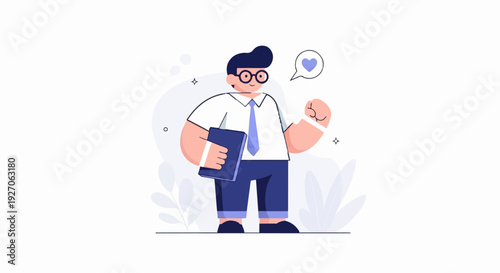 Enthusiastic person with book, celebrating, with heart icon above