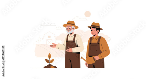 Generational Farmers Mentorship: Senior Man Teaching Young Apprentice to Plant and Care for Crops in Agriculture