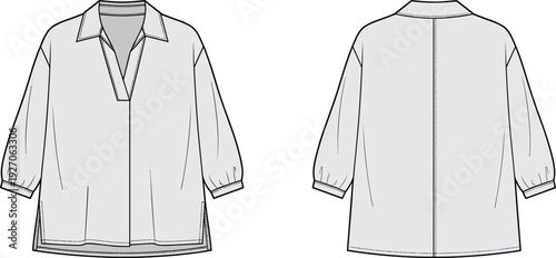 Women’s blouse technical fashion illustration, front and back garment design with V‑neck collar, cuffs, side slits, apparel motifs