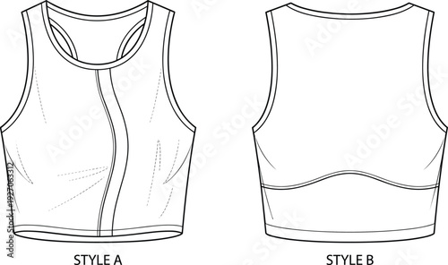 Athletic crop top technical fashion illustration, front and back garment design with racerback and seam details, sportswear motifs