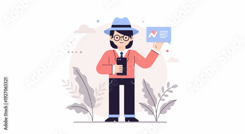 Cartoon person in hat with phone and chart icon, surrounded by abstract shapes and plants