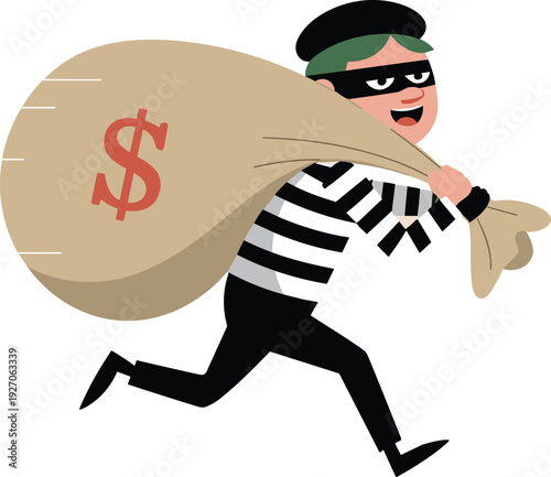 Cartoon burglar running with money sack vector illustration thief character stealing cash crime concept masked robber escape action design