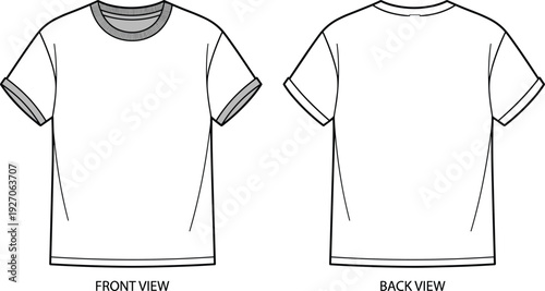 Basic t‑shirt technical fashion illustration, front and back garment design with ribbed collar, sleeve cuffs, straight hem, apparel motifs