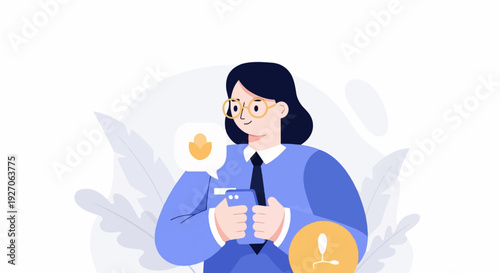 Person in blue outfit with glasses holding smartphone, with speech bubble icon and circular icon