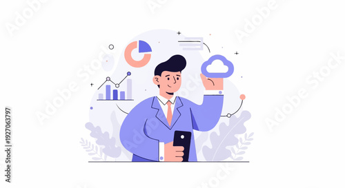 Businessman interacting with digital data and cloud technology, representing growth