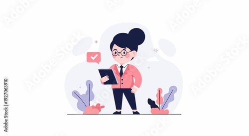 A stylized cartoon figure in professional attire holds a tablet, with decorative foliage and abstract shapes in the background