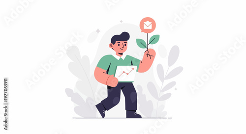 Wallpaper Mural Stylized person walks holding plant with mail icon and tablet displaying growth chart Torontodigital.ca