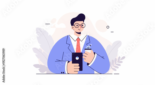 Animated man in suit with glasses holds phone and coffee