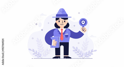 A person in a hat and suit holds a magnifying glass and a book