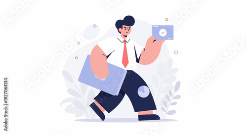 Businessman in a red tie carries a laptop and a tablet