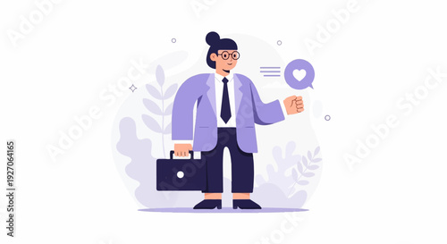 A person in a suit holds a briefcase, gives a thumbs up, and a heart icon appears in a speech bubble