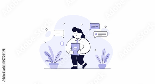 Cheerful person holding a tablet with plants and speech bubbles in a light purple and white minimalist style