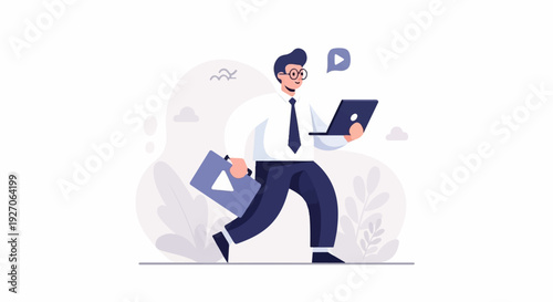 A man in a suit rushes with a laptop and briefcase, indicating productivity and digital connection