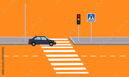 Car at a crosswalk with a traffic light and a pedestrian sign on an orange background