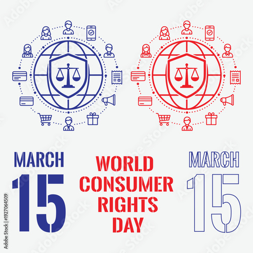 World Consumer Rights Day, March 15. Vector line art illustration set with globe, shield, justice scale, and connected shopping icons. Global consumer protection banner.
