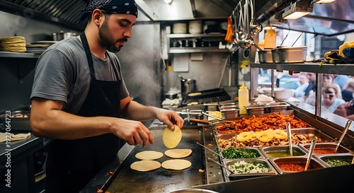 Chef Preparing Tacos in Commercial Kitchen.