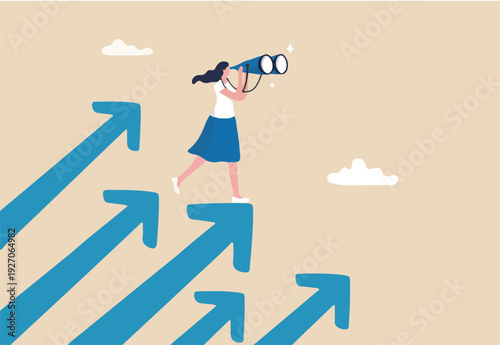 Searching for growth opportunity, vision to look and see future, challenge ahead or motivation to grow business concept, businesswoman on arrows look through binoculars to find business opportunity