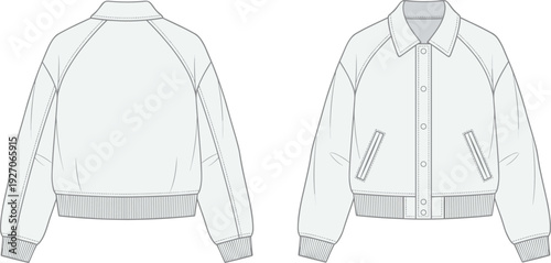 Jacket technical fashion illustration, front and back garment design with raglan sleeves, ribbed cuffs, waistband, apparel construction motifs