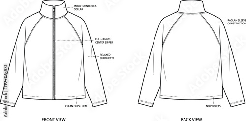 Jacket technical fashion illustration, front and back garment design with mock turtleneck collar, raglan sleeves, zipper, apparel motifs