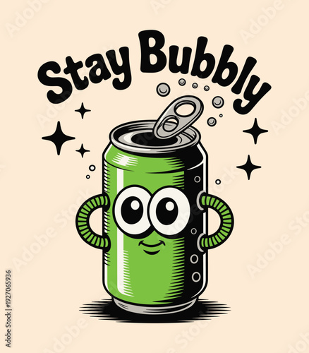 Retro Cartoon Green Soda Can Character with Stay Bubbly Text Vintage Mascot Illustration