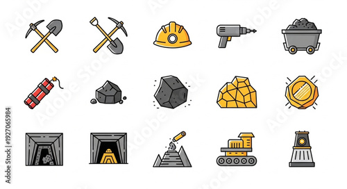 Mining tools and equipment illustrations, perfect for industrial and mining projects.