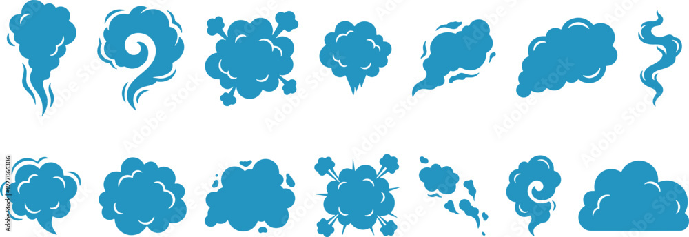Obraz premium Collection of various blue cloud and smoke icons in different shapes and sizes on white background for design and weather forecast purposes