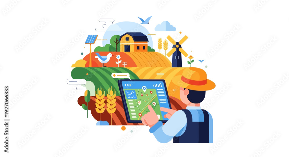 Naklejka premium Smart Farming: Farmer Using Tablet for Precision Agriculture Management and Field Mapping GPS Data