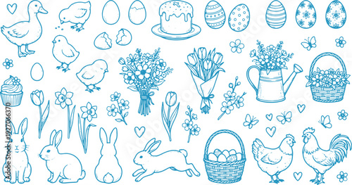 Easter icons set including eggs bunnies chickens flowers and baskets on white background for holiday decoration