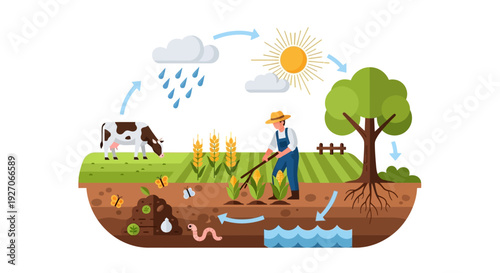 Sustainable Farming Ecosystem Cycle: Agroecology Diagram Showing Farmer, Cow, Soil Health, Water Cycle, and Crop Production in Flat Design.