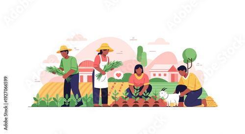 Diverse Farmers Team Working on Community Farm, Harvesting and Planting Crops in Rural Landscape. Modern Flat Vector Illustration.