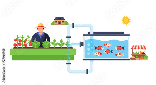 Aquaponics System Illustration: Farmer, Fish Tank, and Vegetable Garden in a Sustainable Closed-Loop Eco-Farming Concept