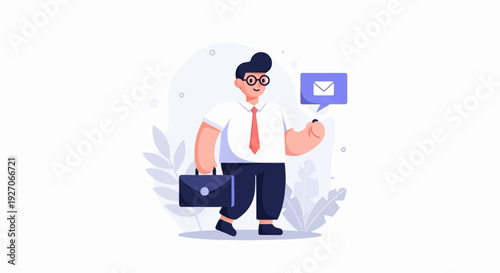 A smiling businessman in a suit carries a briefcase and receives a message