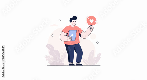 Person holding tablet and a glowing heart icon with a stylish background