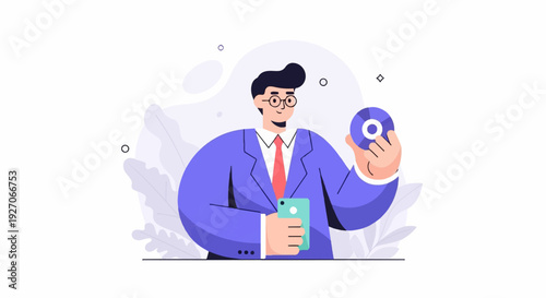 Animated man in suit holding a CD and phone against abstract plant background