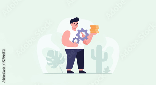 Man holding gears and coins with desert plants in the background