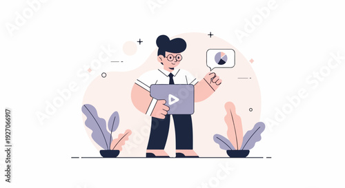 A man in a suit holds a tablet displaying a play button, with a pie chart icon