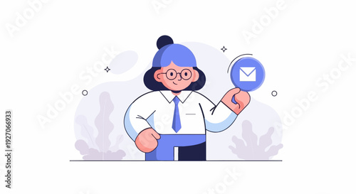 Cartoon employee in business attire holding a circular icon with an envelope symbol