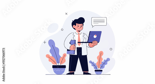 Animated man with laptop, tablet, and plants
